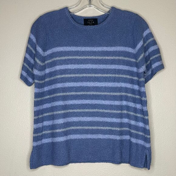 Moda Seta NWT Luxury Silk‎ Blend Striped Short Sleeve Sweater Blue Petite P/S - Picture 1 of 6